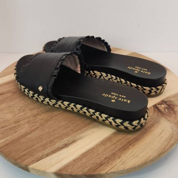 Kate Spade Zahara Black Leather Braided Flat Espadrille Sandals Slides Women's S - Picture 6 of 11